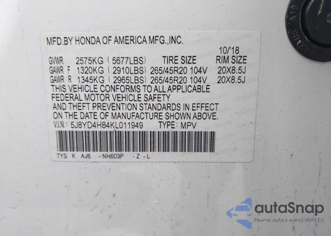 2019 Acura Mdx Advance Pkg z USA, uszkodzony, nr VIN 5J8YD4H84KL011949